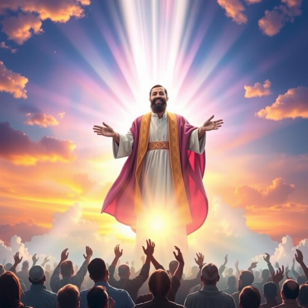 A mystical and awe-inspiring scene depicting the Imam Zaman, the awaited savior, emerging during a radiant dawn