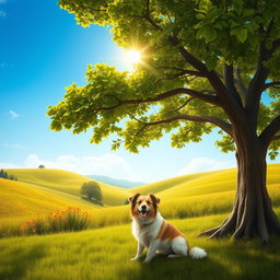 A picturesque rural scene featuring a realistic, vividly detailed tree with lush green leaves and a sturdy trunk, under which sits a friendly dog, looking happy and playful