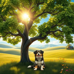A picturesque rural scene featuring a realistic, vividly detailed tree with lush green leaves and a sturdy trunk, under which sits a friendly dog, looking happy and playful