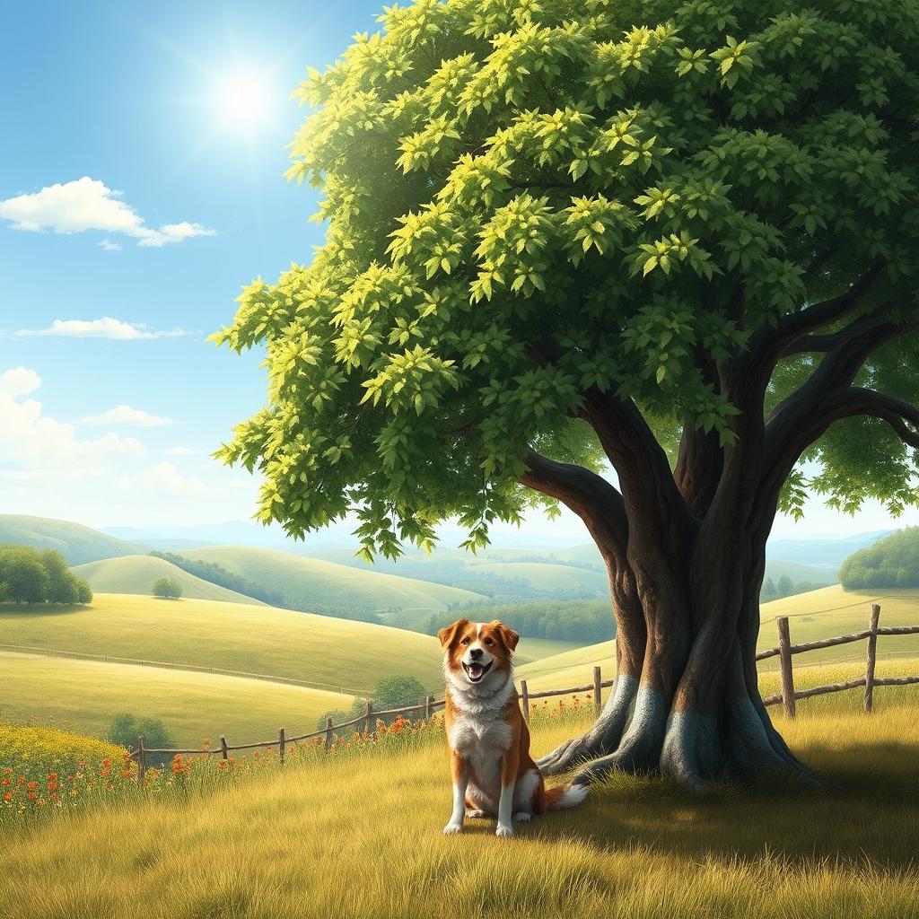 A picturesque rural scene featuring a realistic, vividly detailed tree with lush green leaves and a sturdy trunk, under which sits a friendly dog, looking happy and playful