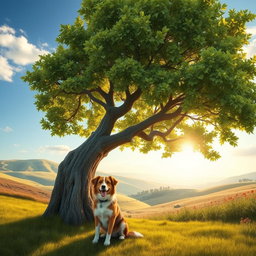 A picturesque rural scene featuring a realistic, vividly detailed tree with lush green leaves and a sturdy trunk, under which sits a friendly dog, looking happy and playful