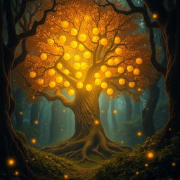 A mystical forest scene featuring dense, ancient trees with intricate bark and lush foliage