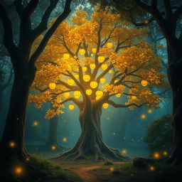 A mystical forest scene featuring dense, ancient trees with intricate bark and lush foliage