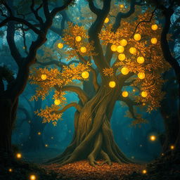 A mystical forest scene featuring dense, ancient trees with intricate bark and lush foliage