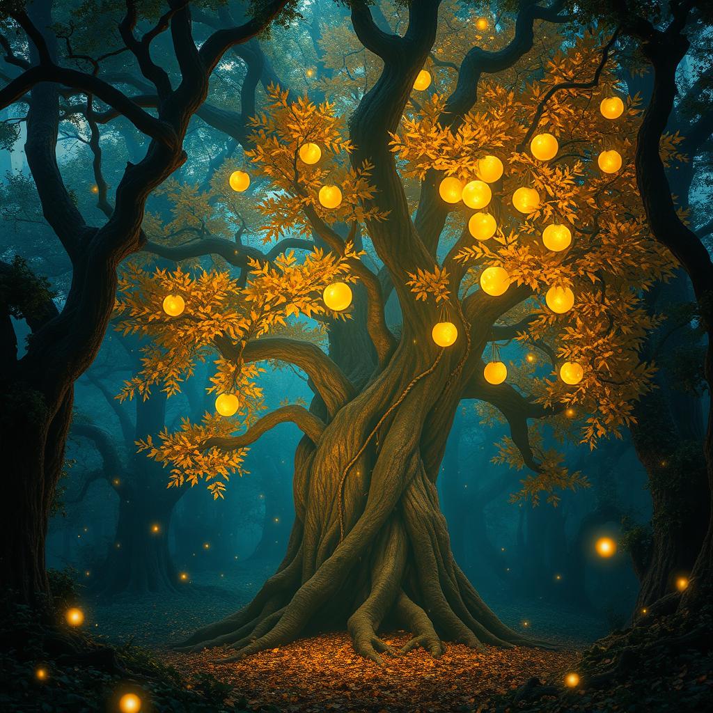 A mystical forest scene featuring dense, ancient trees with intricate bark and lush foliage