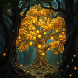 A mystical forest scene featuring dense, ancient trees with intricate bark and lush foliage