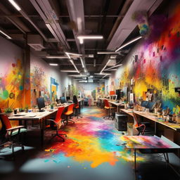 A dazzling masterpiece showcasing a creative co-working space teeming with diverse artists, designers, and creatives. The space is alive with vibrant hues and dynamic compositions, manifesting energetic collaboration and ground-breaking visual expression.