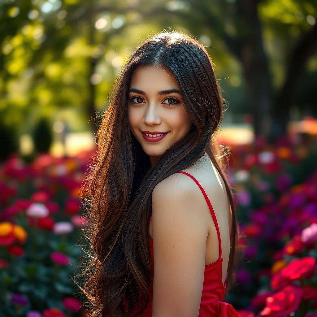 A striking portrait of a young woman with long flowing dark hair, wearing an elegant red dress that contrasts beautifully with her fair skin