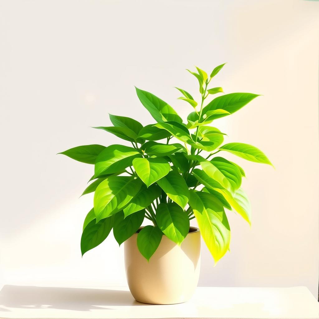 A vibrant and lush house plant displayed in a simple pot, set against a softly lit background