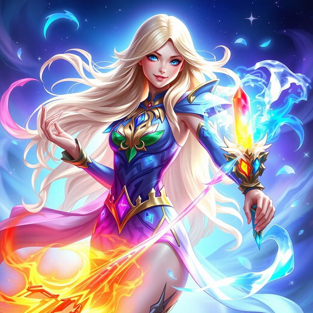 A dynamic and vibrant portrayal of Elementalist Lux from League of Legends, showcasing her in an enchanting, magical environment