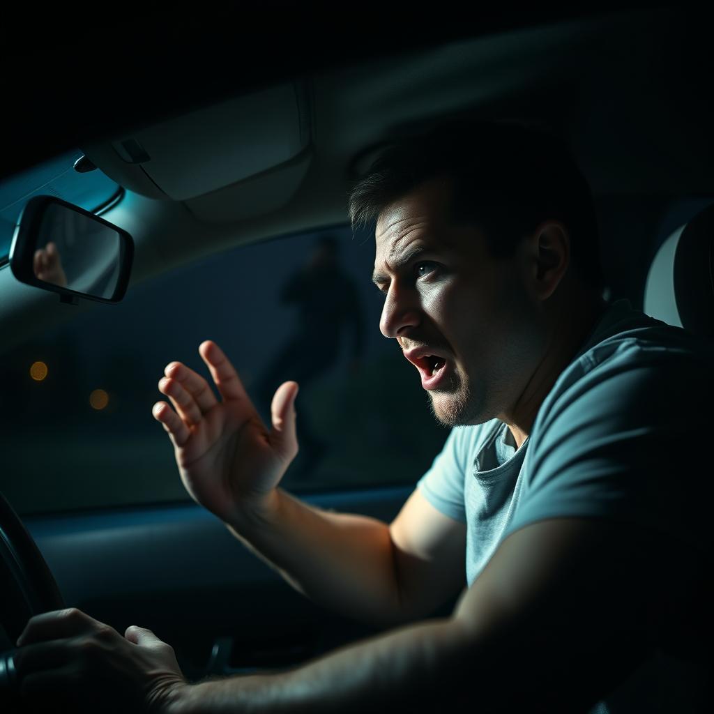 A man inside a car, sweating and trembling, desperately trying to start the engine