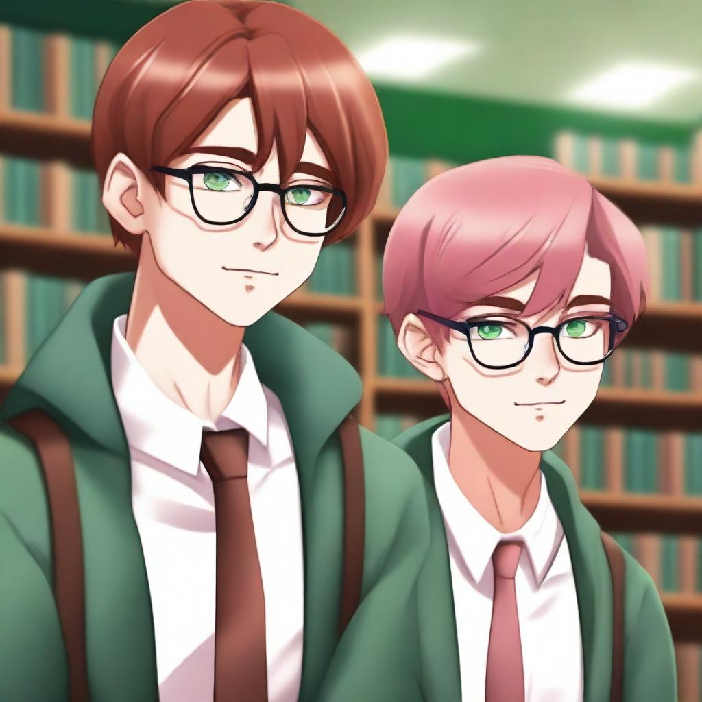 A high-quality digital art piece showing two handsome high school boys in a library setting, as if they are the only ones present