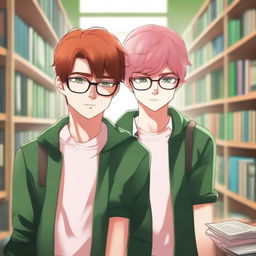 A high-quality digital art piece showing two handsome high school boys in a library setting, as if they are the only ones present