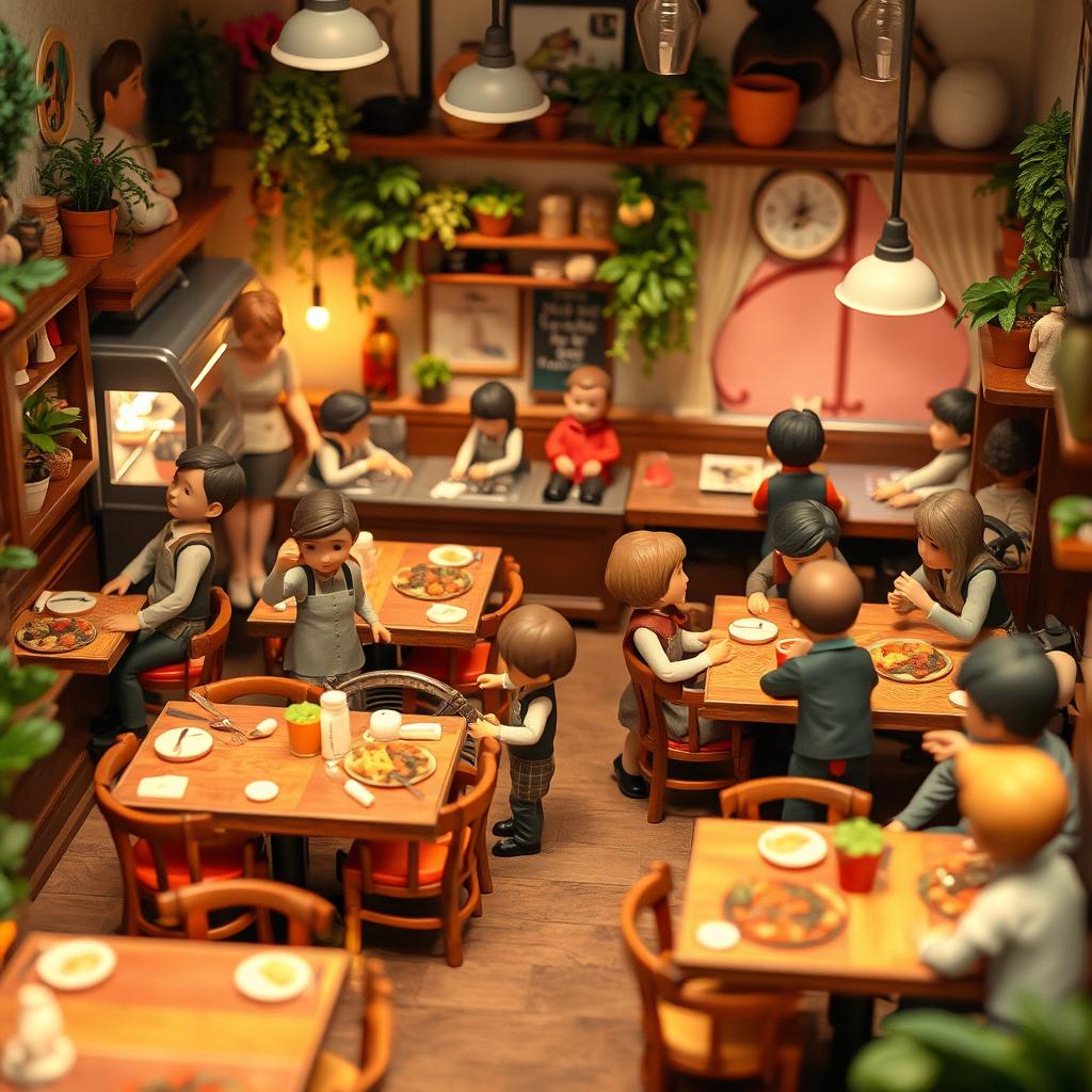 A charming 3D photo of a bustling restaurant scene with small people, about the height of an action figure, energetically working together