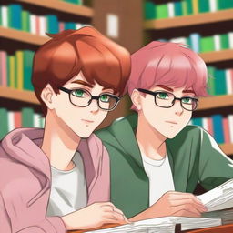 A high-quality digital art piece showing two handsome high school boys in a library setting, as if they are the only ones present