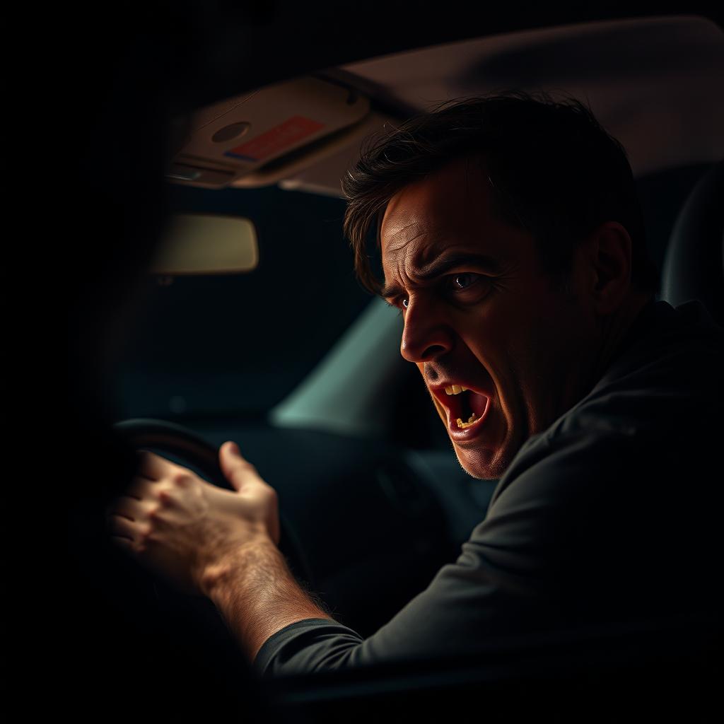 A man inside a car, sweating and trembling, desperately trying to start the engine