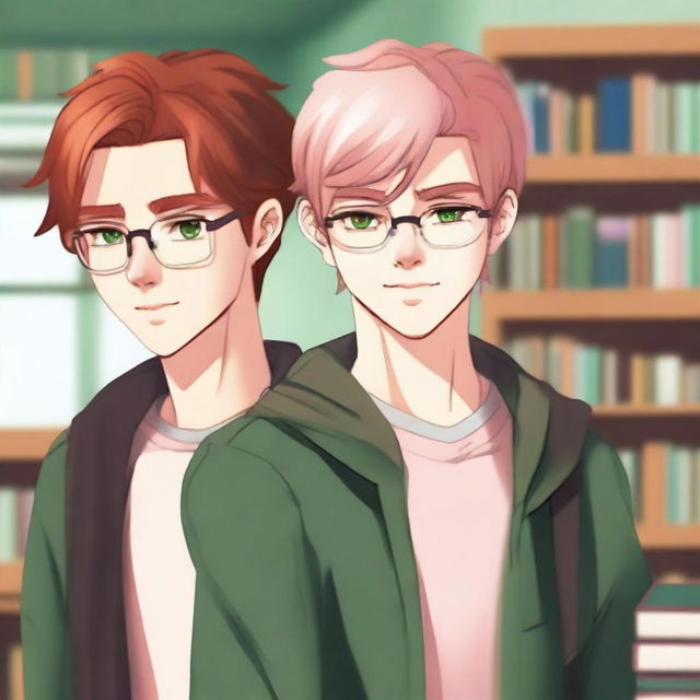 A high-quality digital art piece showing two handsome high school boys in a library setting, as if they are the only ones present