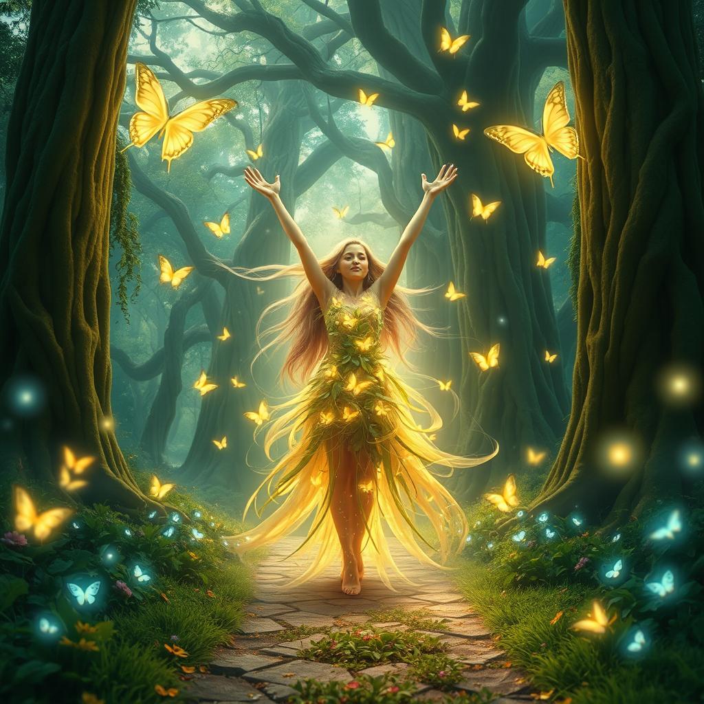 A captivating scene depicting a mystical transformation occurring in a vibrant fantasy forest