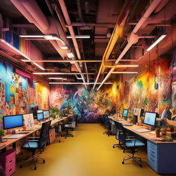 An anime-style masterpiece of a lively, creative co-working space filled with diverse artists, designers, and creatives. The scene pulsates with energetic, vibrant colours and striking compositions, depicting collaboration and innovative visual expression.