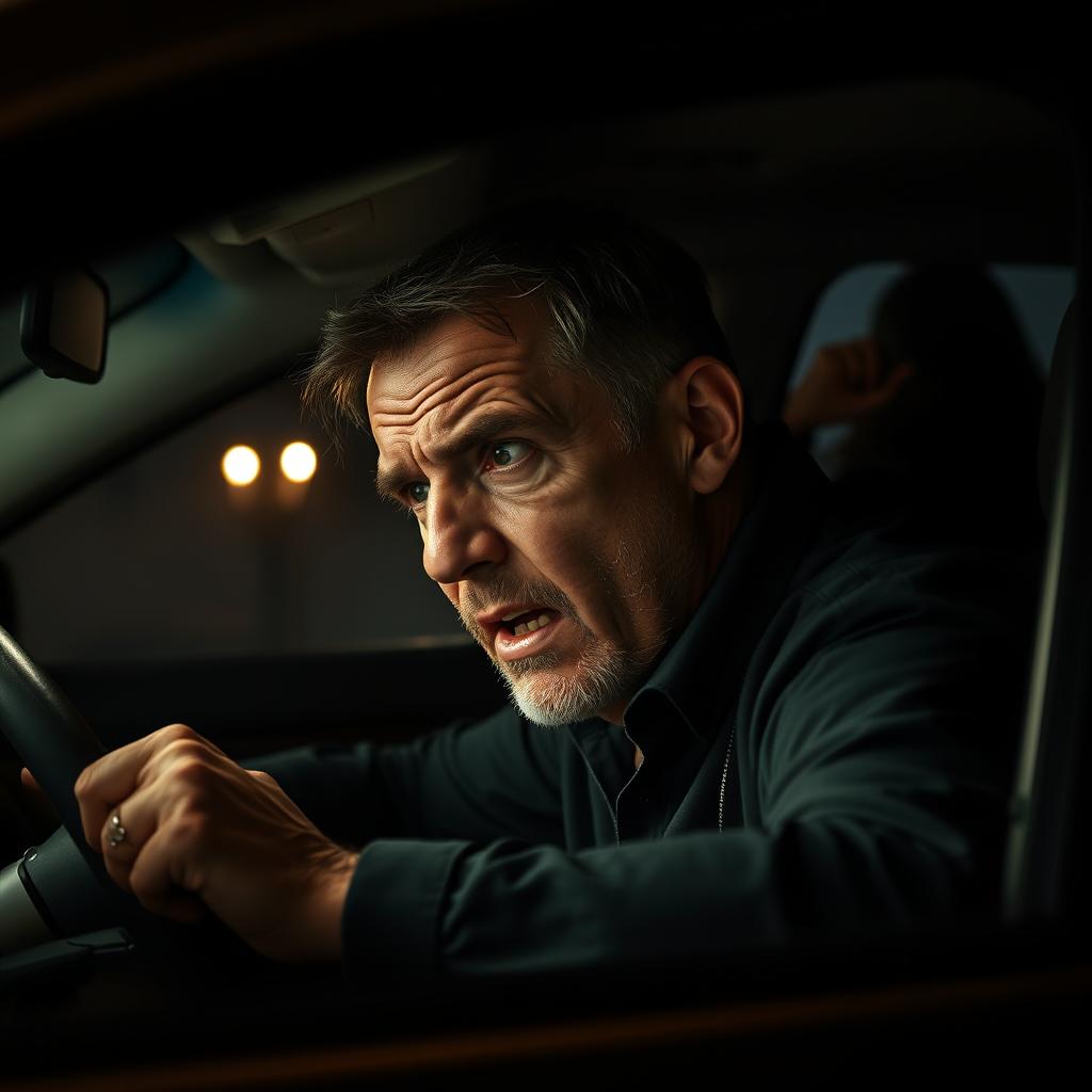 A middle-aged man inside a car, sweating and trembling, desperately trying to start the engine