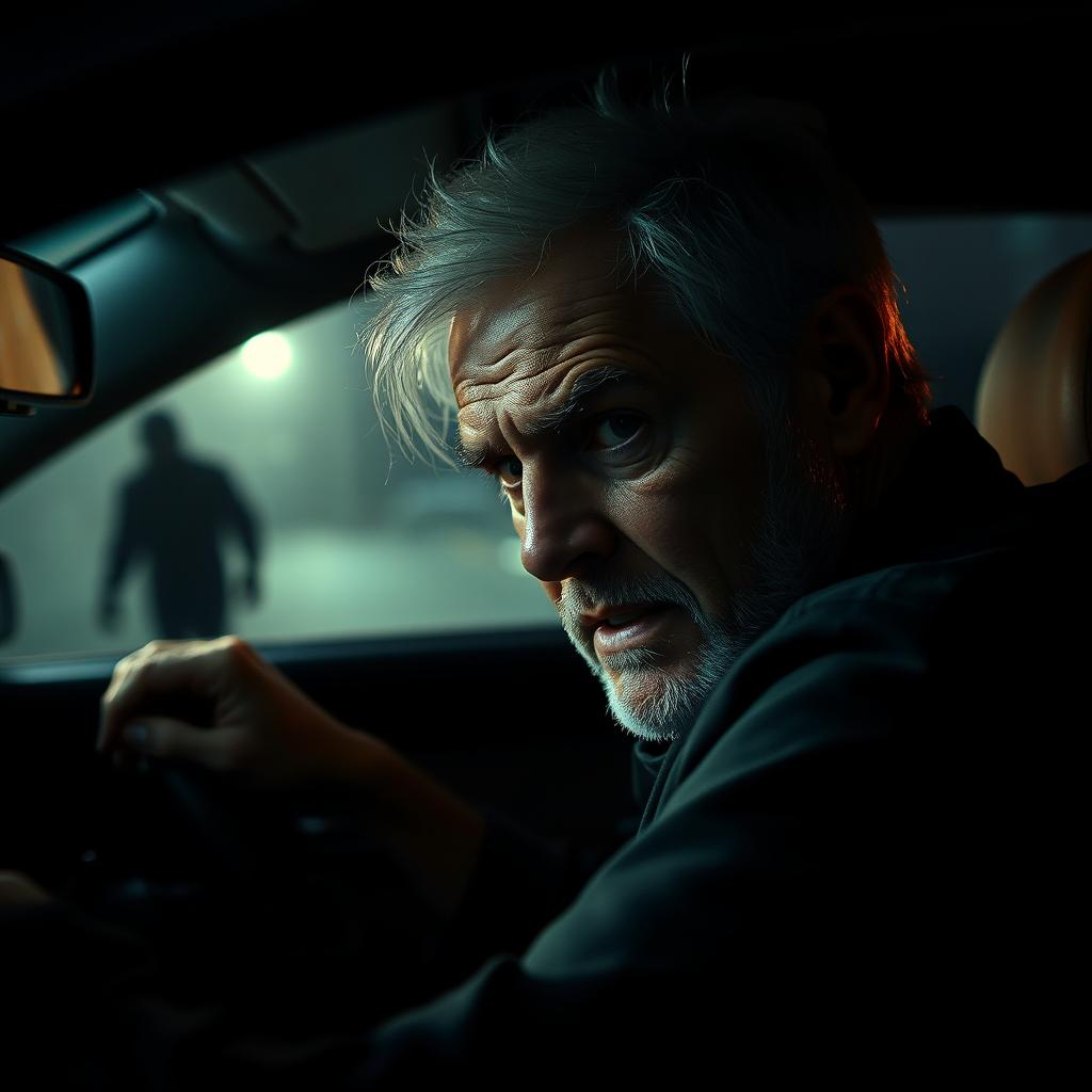 A middle-aged man with white hair inside a car, sweating and trembling, desperately trying to start the engine