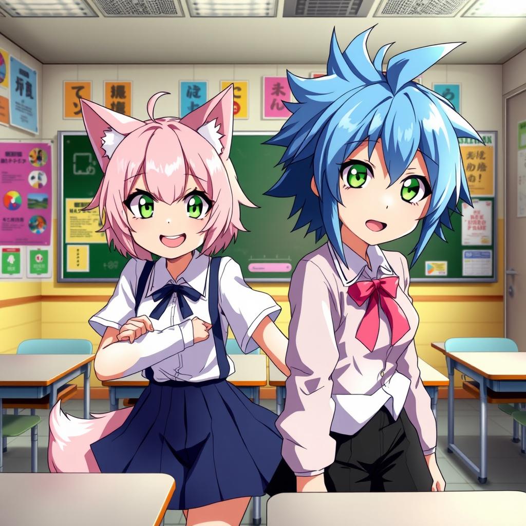 A vibrant and dynamic scene set in a classroom featuring two manga-style girls