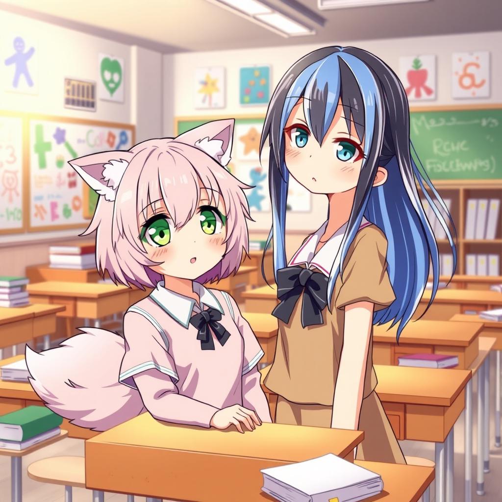 A vibrant manga-style illustration set in a bustling classroom, featuring two unique girls