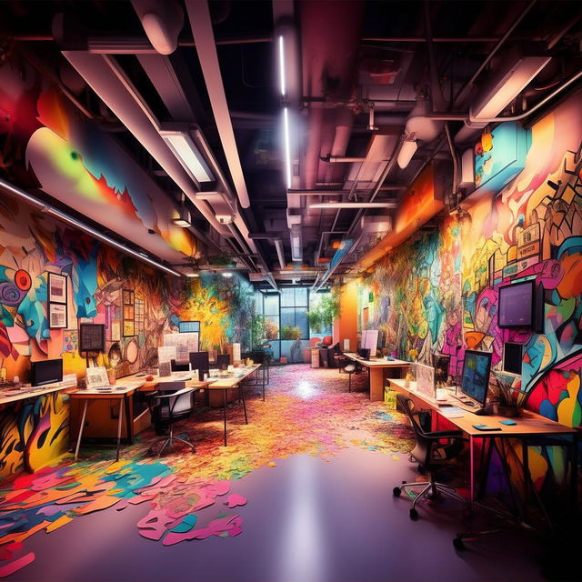 An anime-style masterpiece of a lively, creative co-working space filled with diverse artists, designers, and creatives. The scene pulsates with energetic, vibrant colours and striking compositions, depicting collaboration and innovative visual expression.