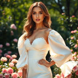 A stunning woman in a flowing white dress with dramatic puff sleeves, standing elegantly in an outdoor garden filled with blooming roses