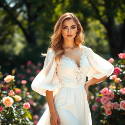 A stunning woman in a flowing white dress with dramatic puff sleeves, standing elegantly in an outdoor garden filled with blooming roses