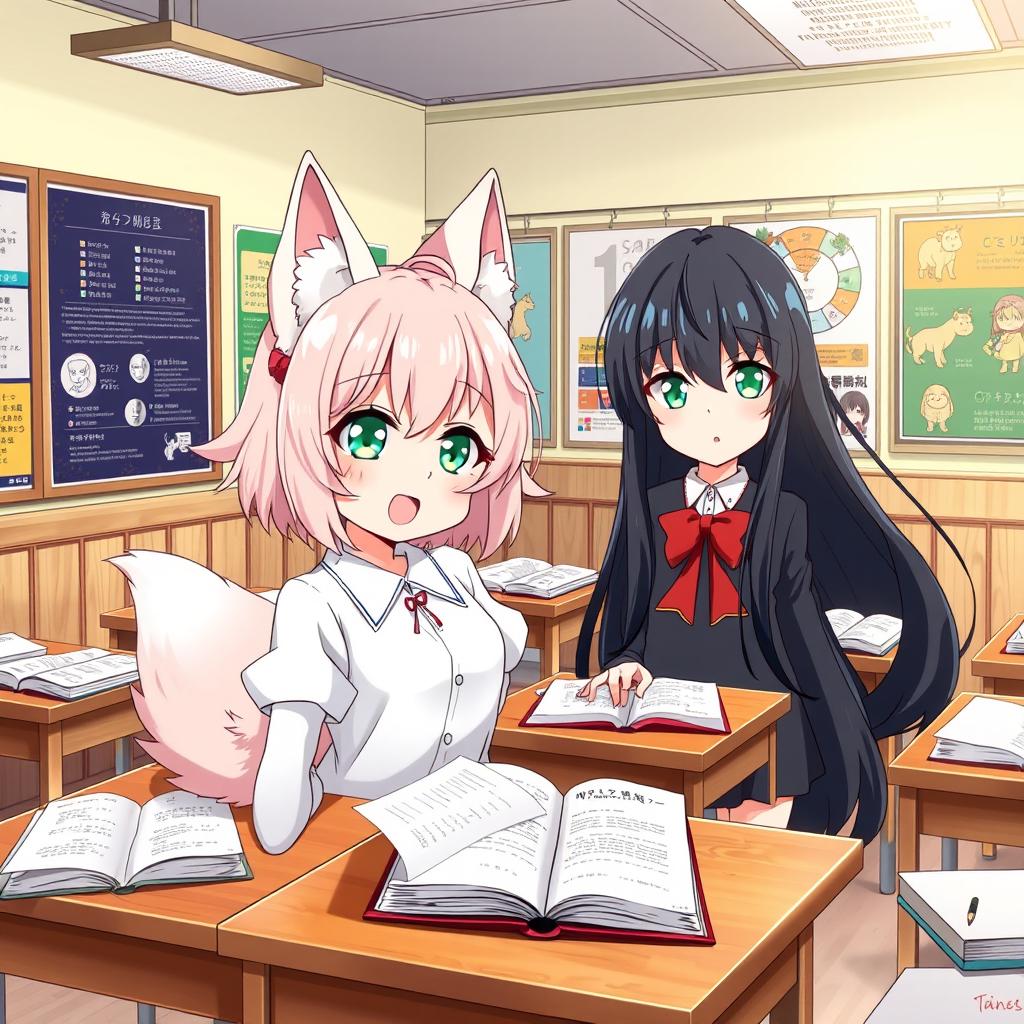 A captivating manga-style illustration set in a lively classroom featuring two anime girls