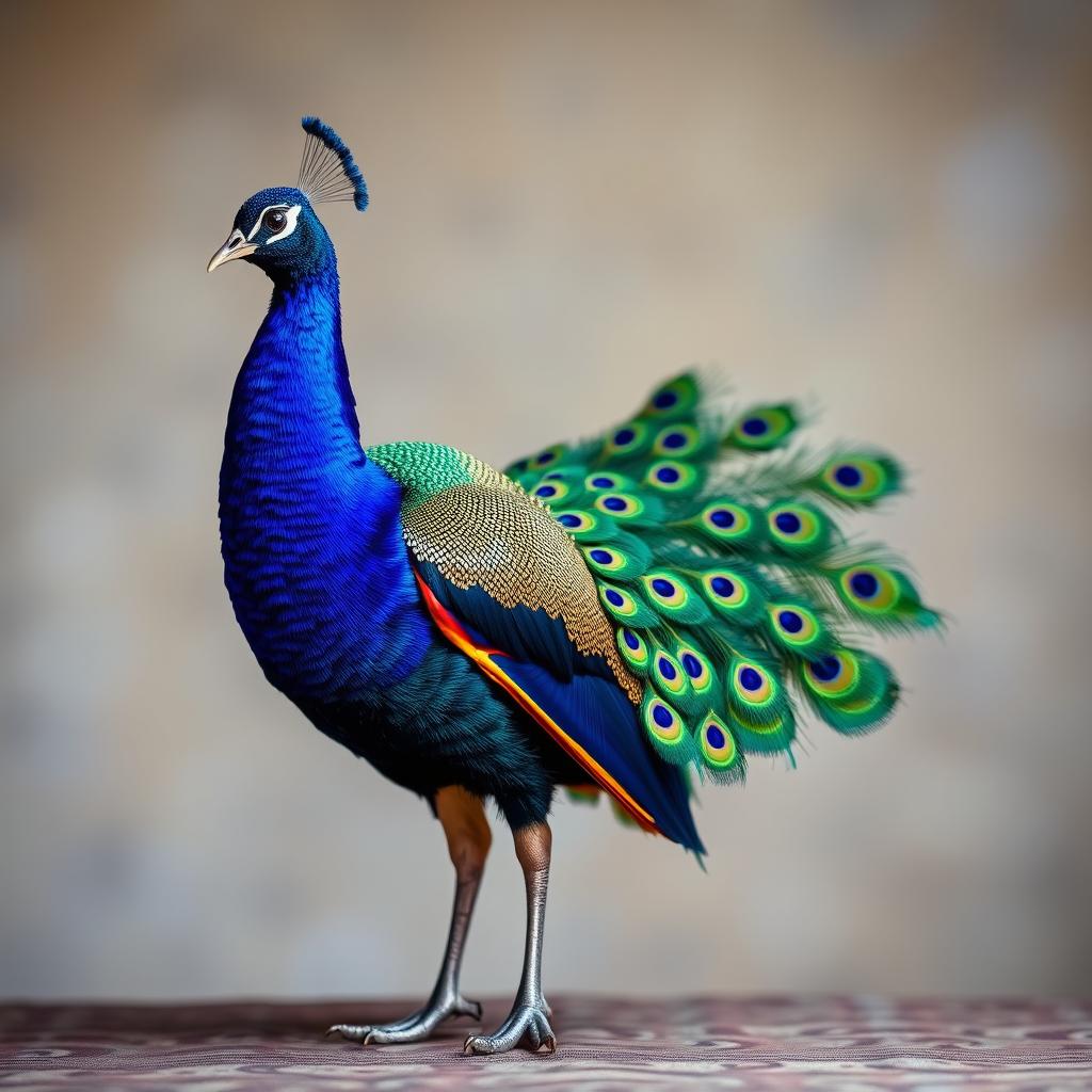 A central figure of a striking, elegant peacock showcasing its vibrant, iridescent plumage with rich blues, greens, and hints of gold, standing majestically against a simple, blurred background