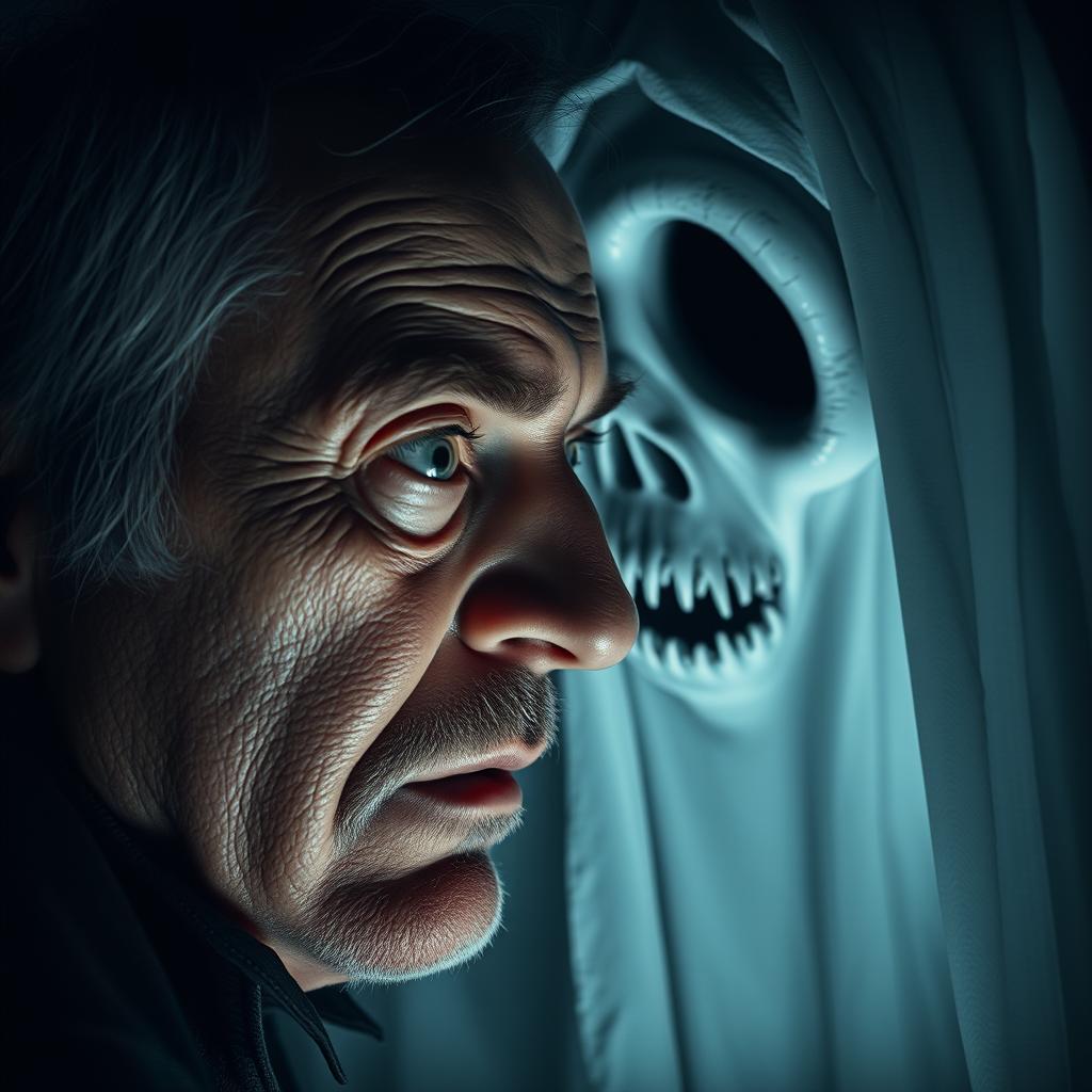 A ghostly figure with deep, hollow eyes and a stitched mouth whispering in the ear of a middle-aged man
