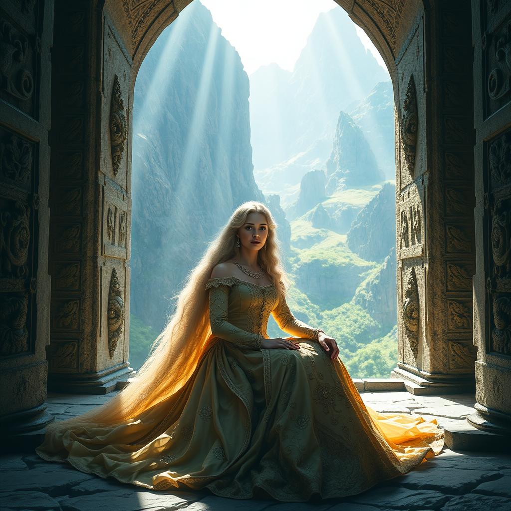 A majestic queen with long flowing hair, dressed in an ornate gown adorned with jewels, sits solemnly inside a grand stone cell within a large mountain