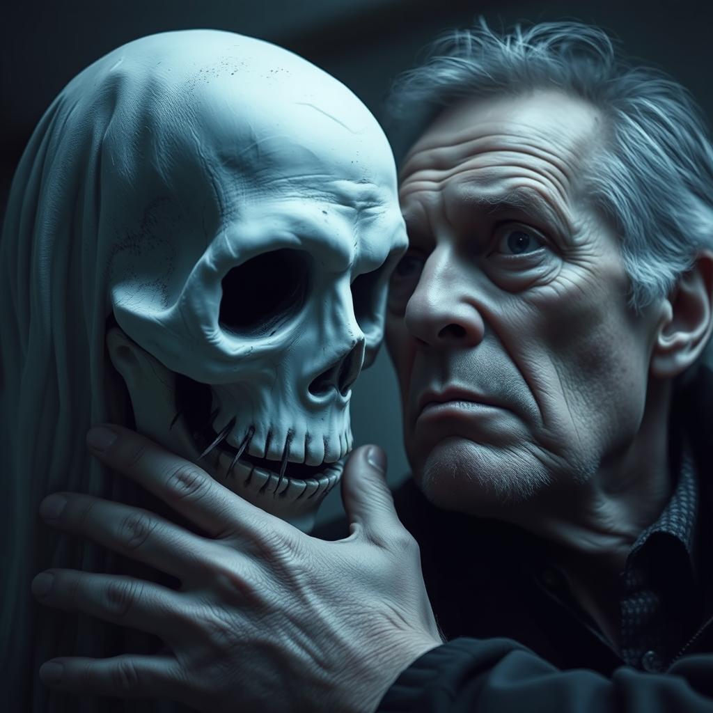 A pale figure resembling a corpse with deep, hollow eyes and a stitched mouth whispering in the ear of a middle-aged man