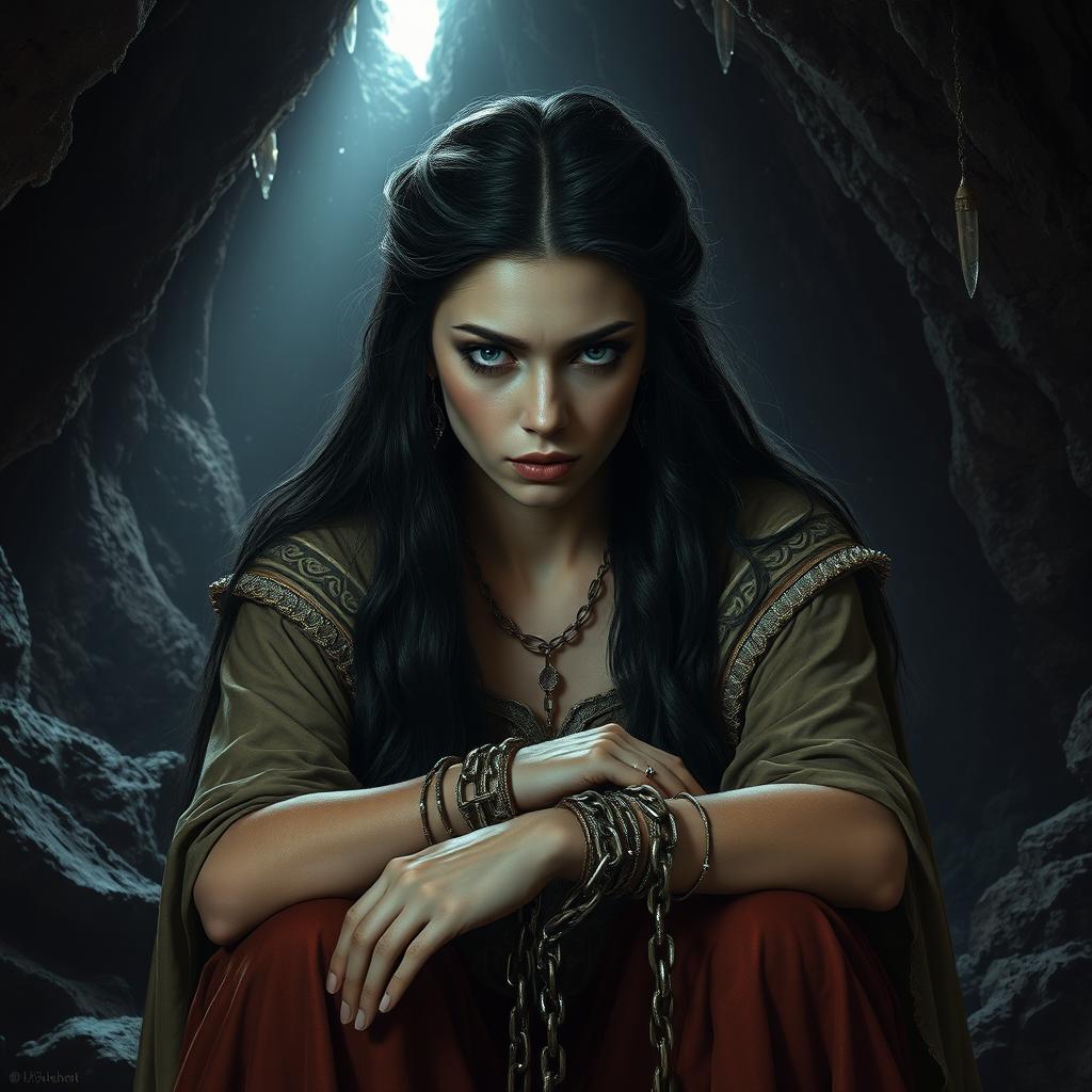 A regal queen, with long dark hair and a tattered yet elegant gown, sits despondently in a dark cave, her wrists bound by intricate chains that glimmer faintly in the dim light