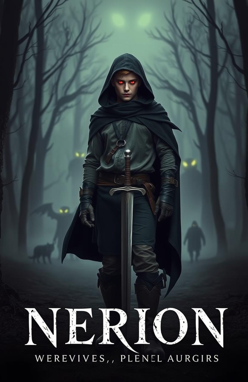 A dark fantasy book cover featuring a young man named Nerion