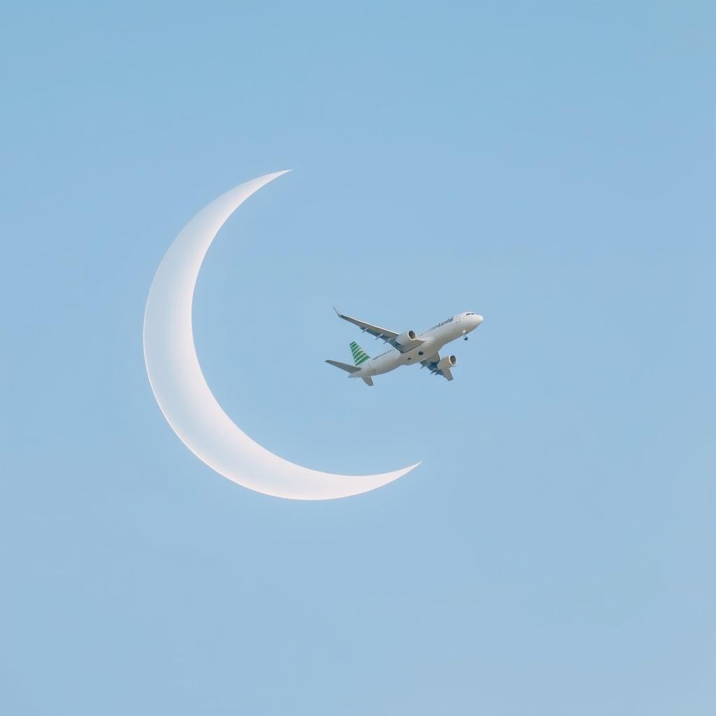 A serene and beautiful scene capturing a plane soaring gracefully through a clear sky, framed by the delicate outline of a Ramadan crescent moon