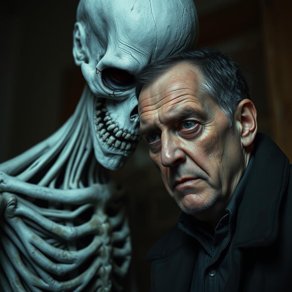 A tall, thin, pale figure resembling a corpse, with deep hollow eyes and a stitched mouth, whispering in the ear of a middle-aged man