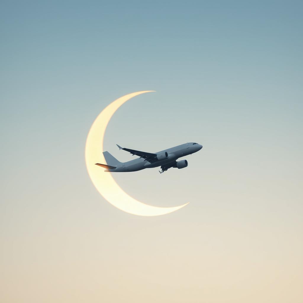 A serene scene depicting a white airplane flying gracefully amidst a beautiful olive-colored crescent moon, symbolizing Ramadan