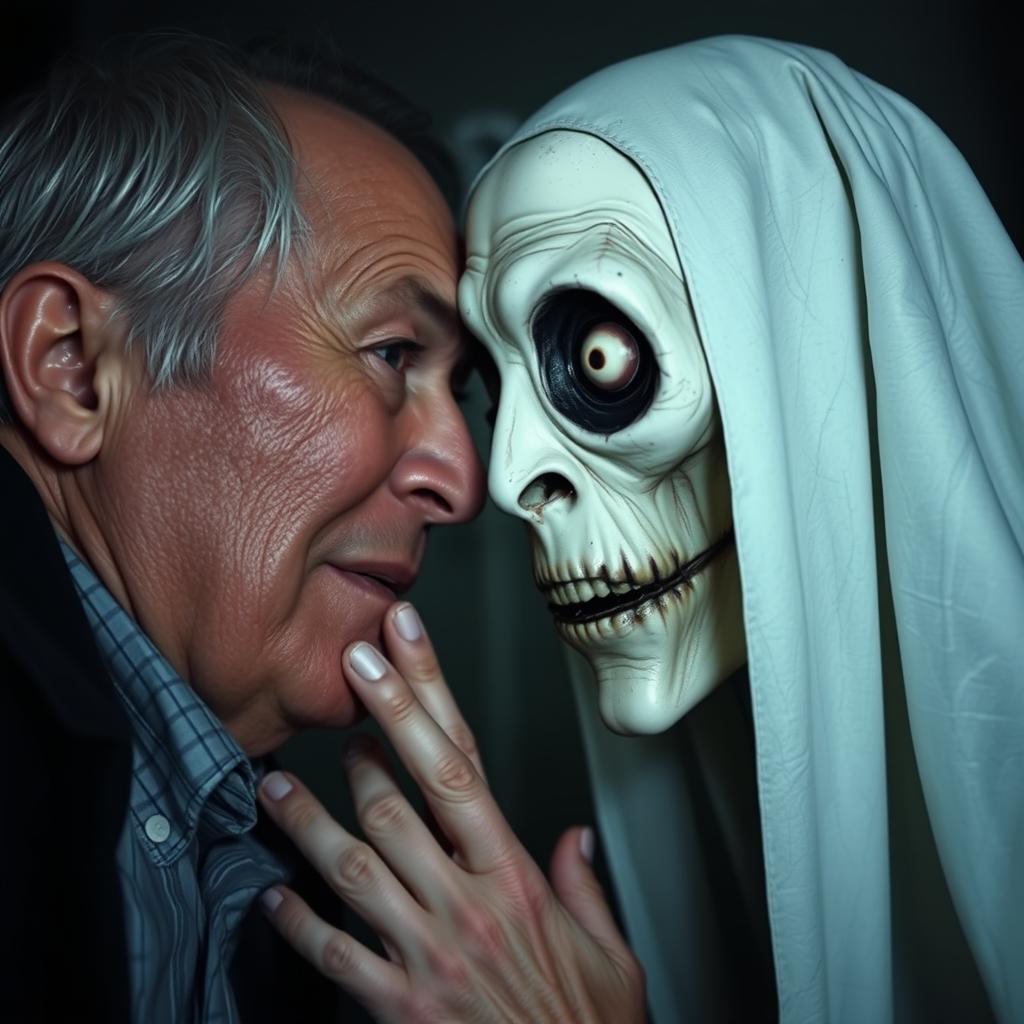 A tall, thin, pale figure with deep hollow eyes and a stitched mouth whispering in the ear of a middle-aged man