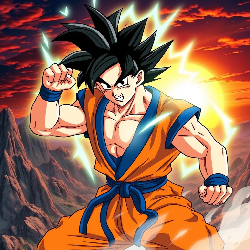 A dynamic scene featuring Goku from Dragon Ball Z, depicted in his signature orange gi with a blue undershirt