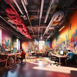 An anime-style masterpiece of a lively, creative co-working space filled with diverse artists, designers, and creatives. The scene pulsates with energetic, vibrant colours and striking compositions, depicting collaboration and innovative visual expression.