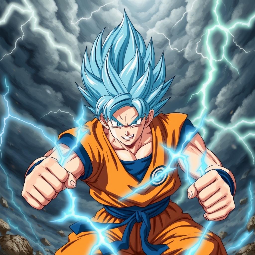 A dynamic and powerful portrayal of Super Saiyan Blue Goku in the midst of battle