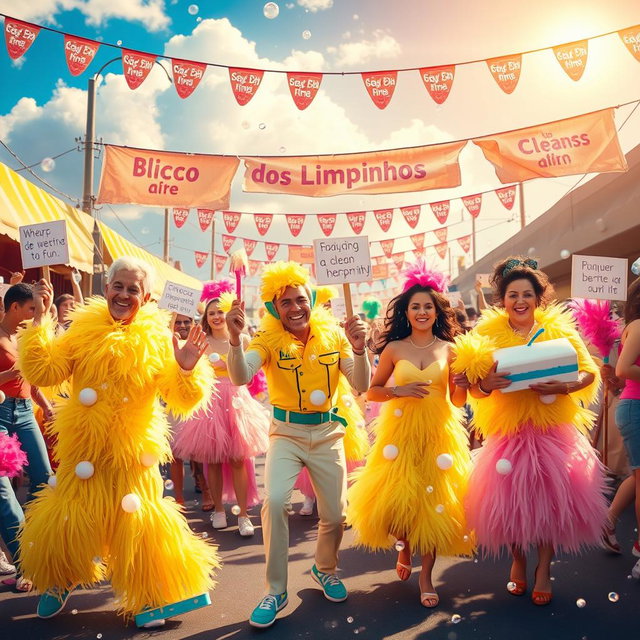 A vibrant and colorful carnival scene depicting a playful and creative interpretation of the 'Bloco dos Limpinhos', celebrating purity and hygiene