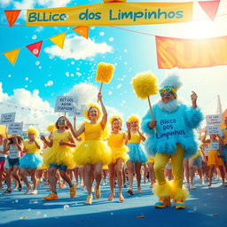 A vibrant and colorful carnival scene depicting a playful and creative interpretation of the 'Bloco dos Limpinhos', celebrating purity and hygiene