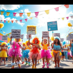 A vibrant and colorful carnival scene depicting a playful and creative interpretation of the 'Bloco dos Limpinhos', celebrating purity and hygiene