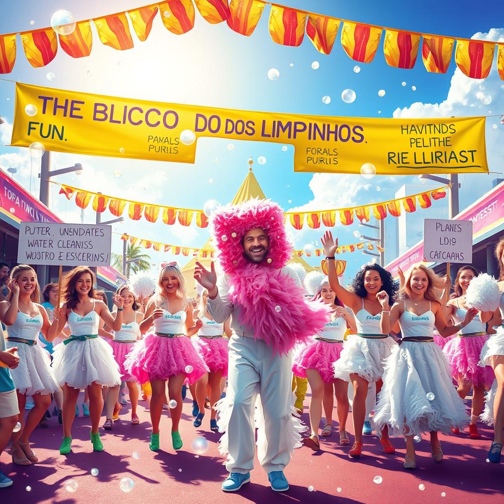 A vibrant and colorful carnival scene depicting a playful and creative interpretation of the 'Bloco dos Limpinhos', celebrating purity and hygiene