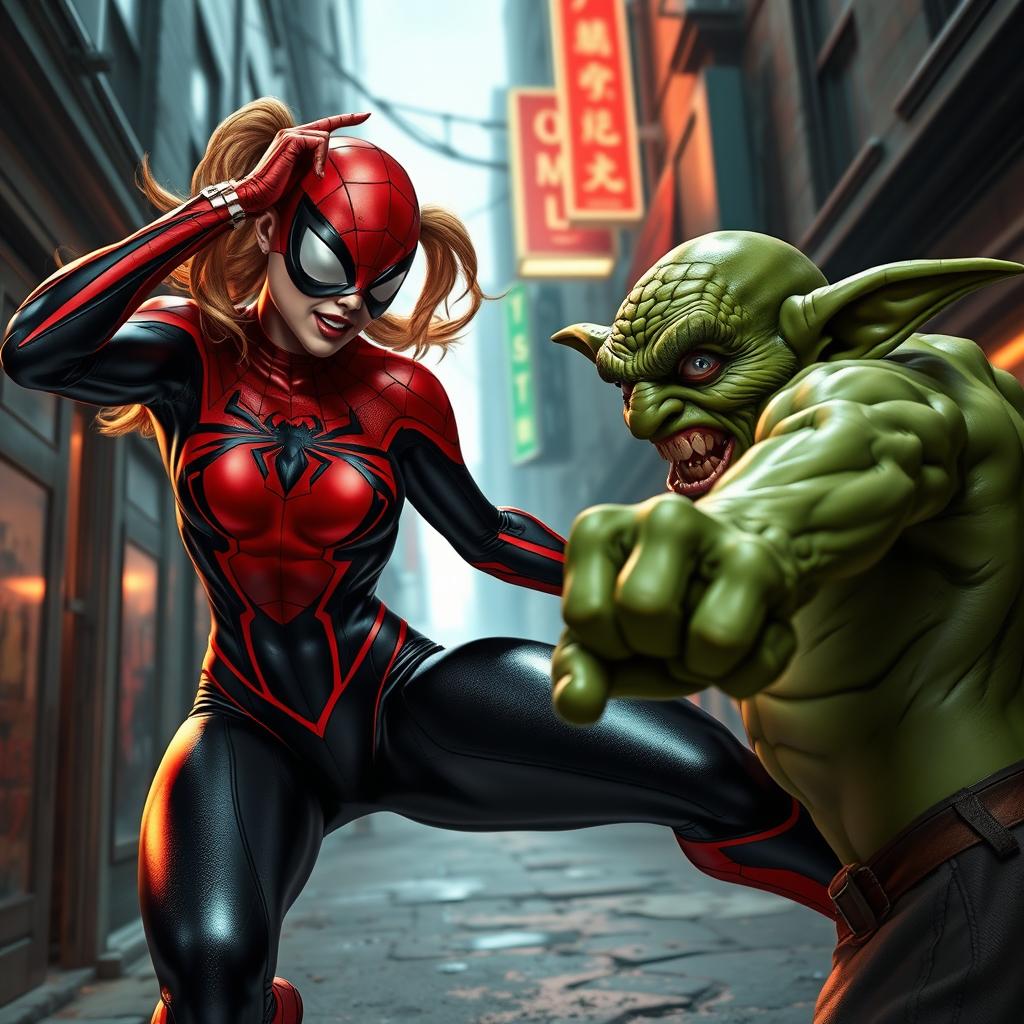 An action scene featuring a powerful female spider superhero, with striking black and red costume details, symbolizing her spider-like abilities