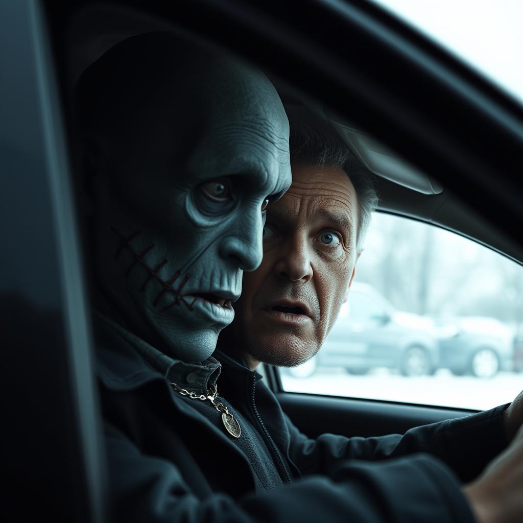 A tall, thin, pale figure with deep hollow eyes and a stitched mouth whispering through the car window into the ear of a middle-aged man